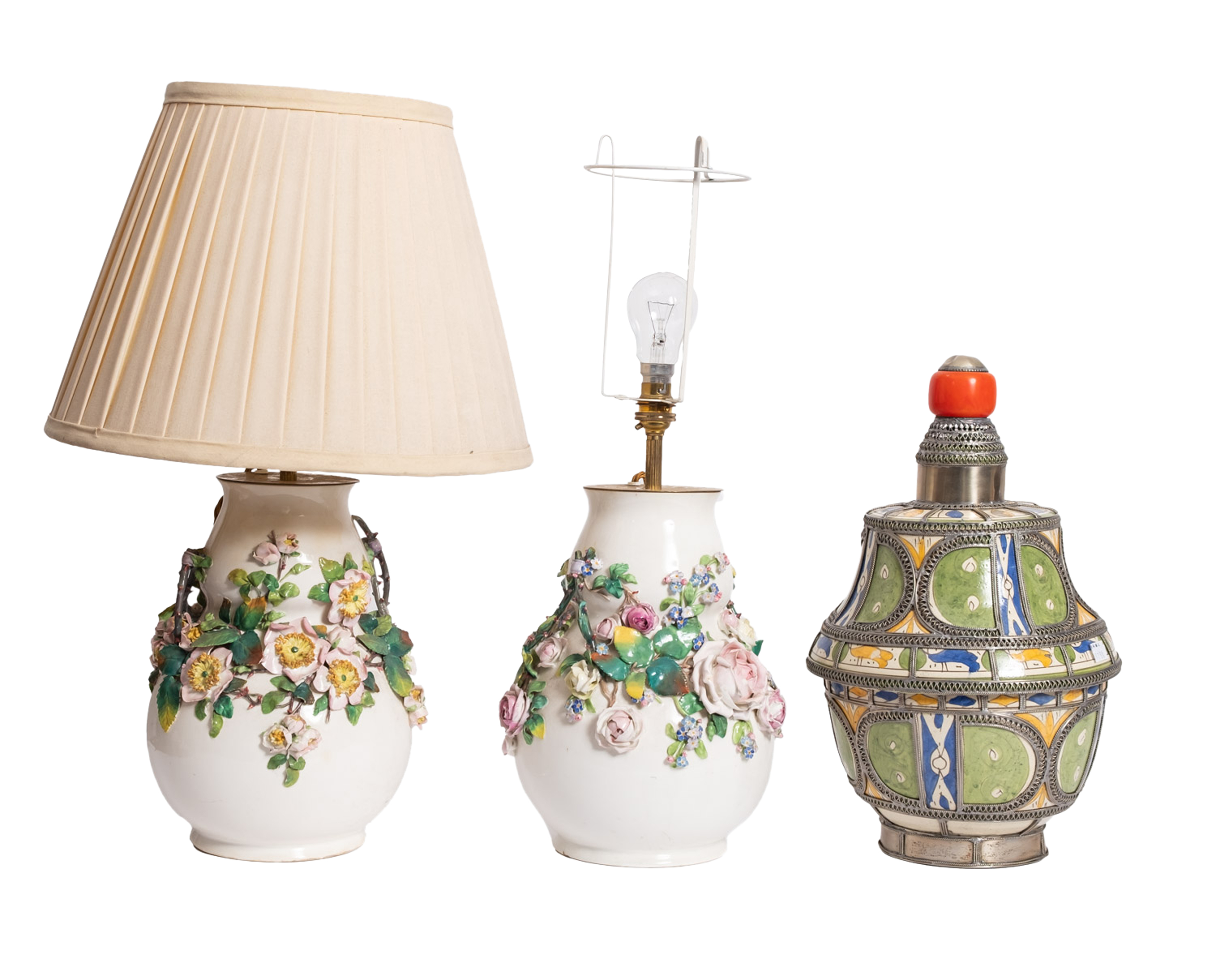 A pair of glazed pottery double gourd shaped vase lamps, encrusted with flowers and foliage,