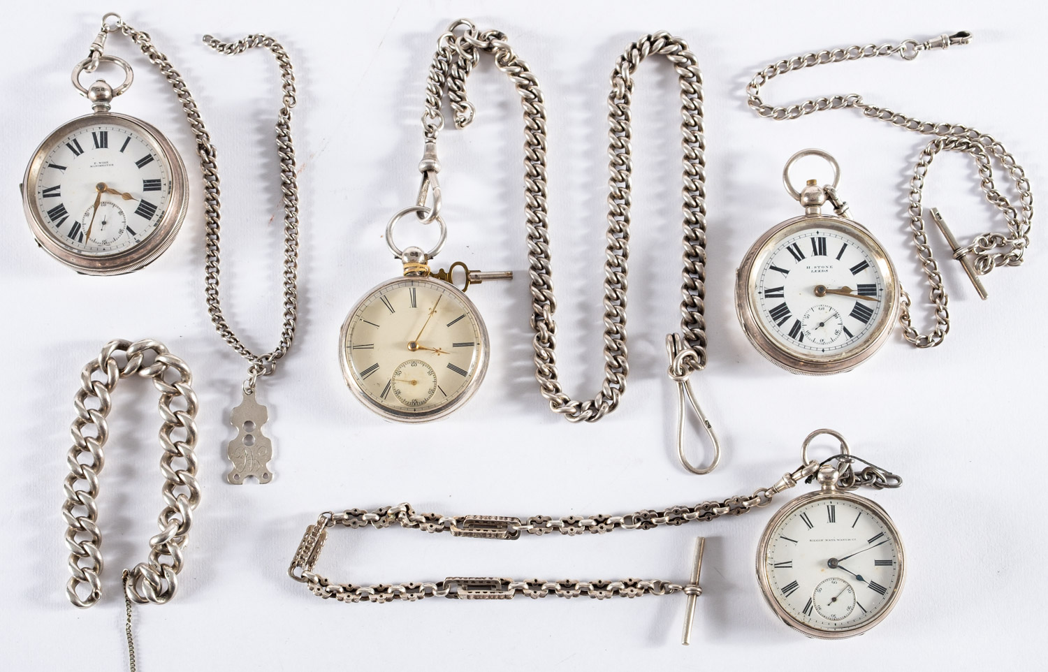 Four gentleman's silver-cased open-face pocket watches, each with a silver hallmarked watch chain,