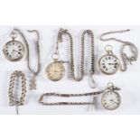 Four gentleman's silver-cased open-face pocket watches, each with a silver hallmarked watch chain,