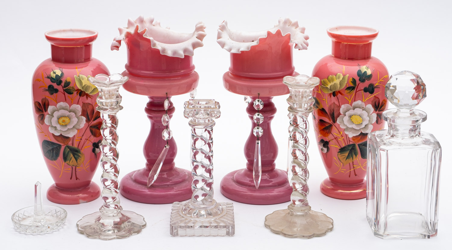 A pair of later 19th/ early 20th century pink glass lustres together with a pair of Continental