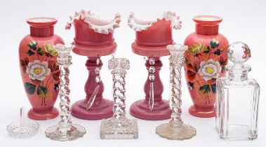 A pair of later 19th/ early 20th century pink glass lustres together with a pair of Continental