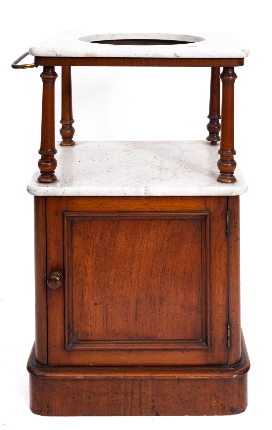 A Victorian mahogany square wash stand with white variegated marble top,