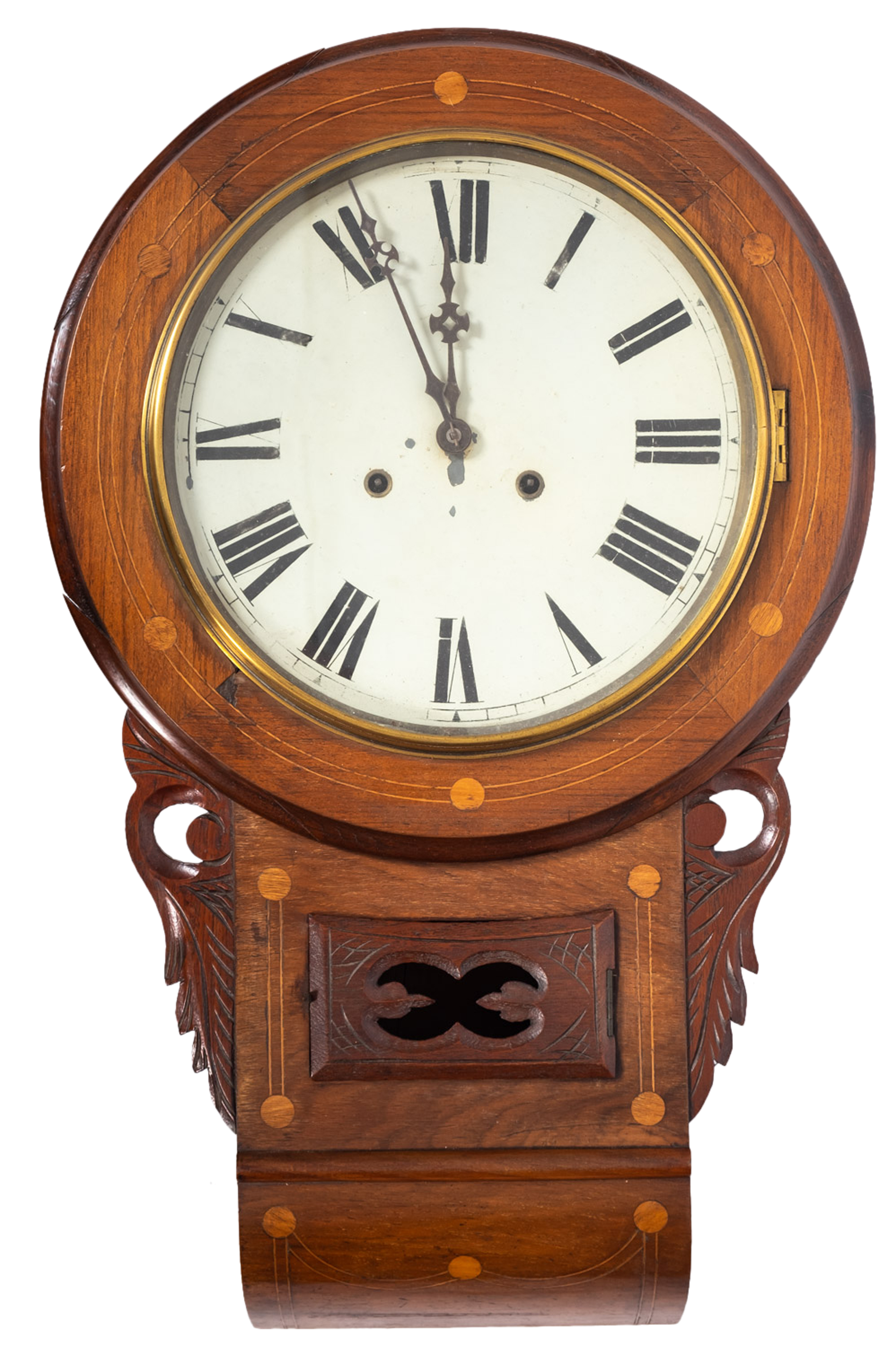 A Victorian walnut drop dial wall clock with inlaid decoration,