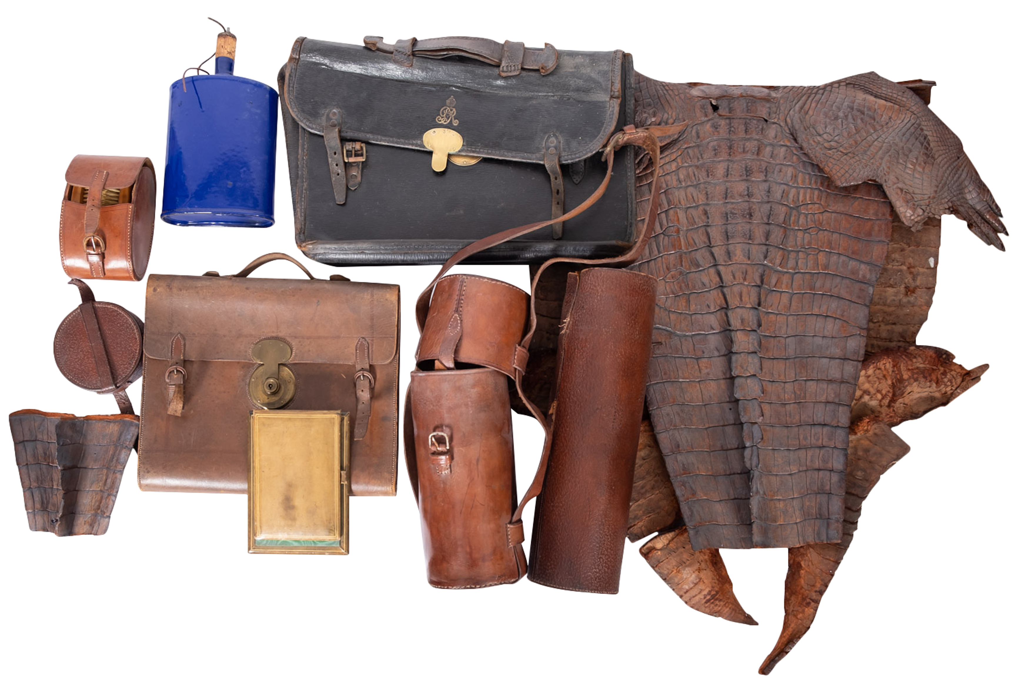 A collection of assorted leather items, late 19th and early 20th century; including two briefcases,