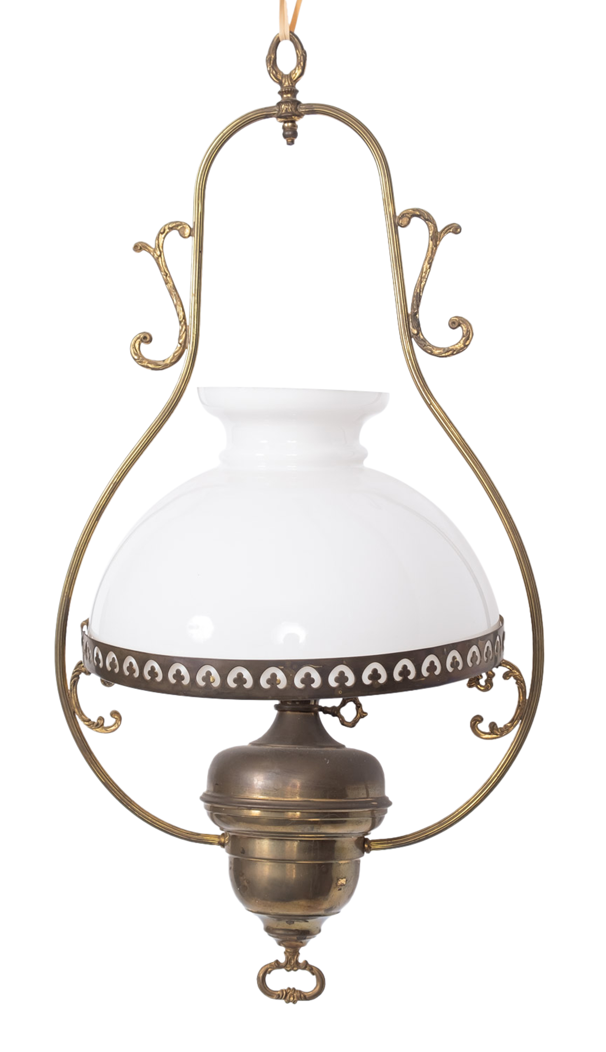 Three late Victorian/ Edwardian brass circular hanging oil lamps, with white opaque glass shades, - Image 2 of 3