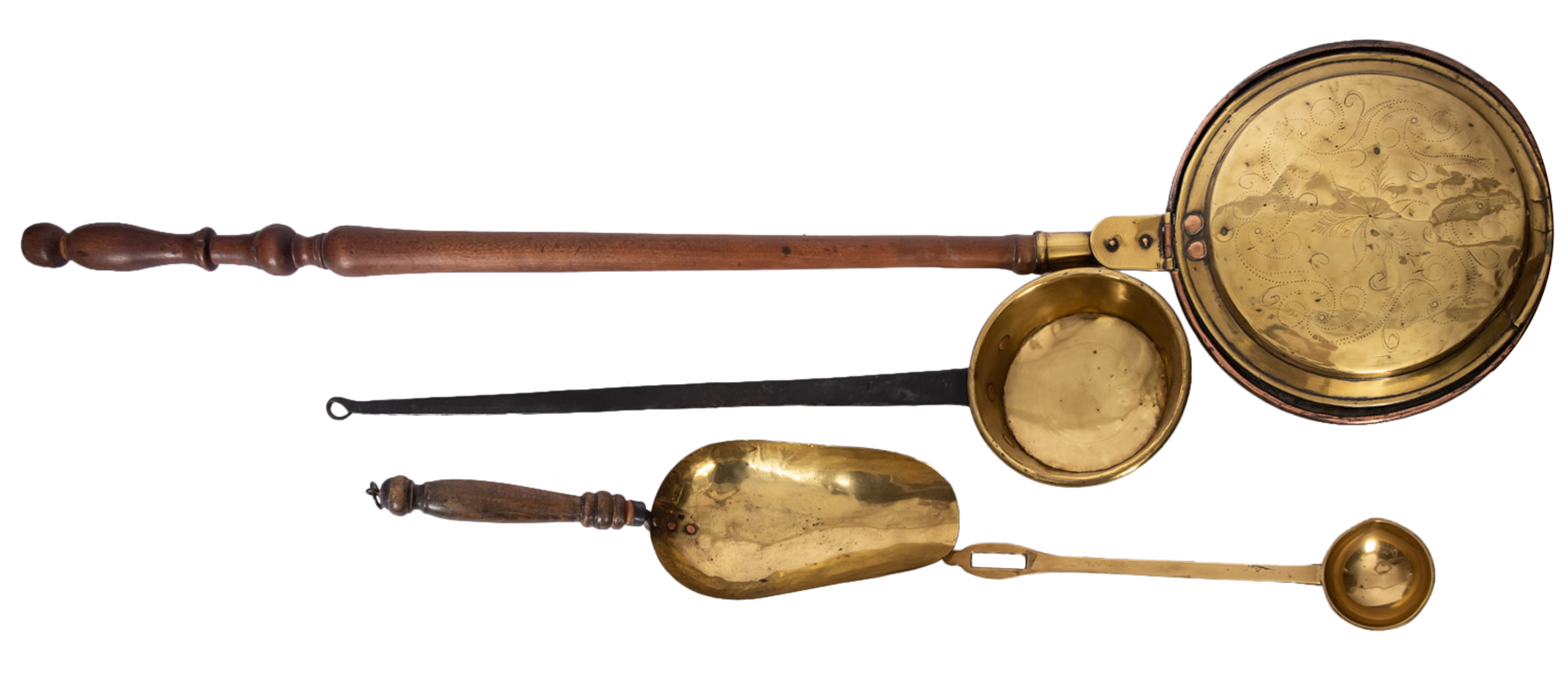 A copper and brass warming pan, together with a brass skillet pan, a brass ladle,