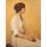 British School (20th Century) - Portrait of a lady in a white dress, seated - Oil on board - 90.