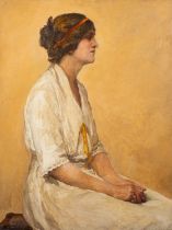 British School (20th Century) - Portrait of a lady in a white dress, seated - Oil on board - 90.