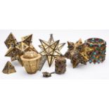 Two late Victorian/Edwardian brass star shadow lamps with applied coloured stones,