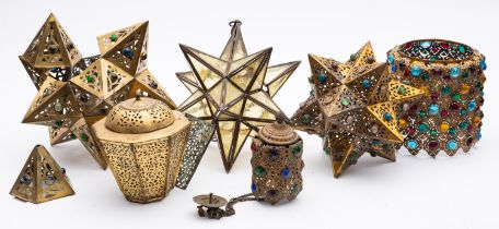 Two late Victorian/Edwardian brass star shadow lamps with applied coloured stones,