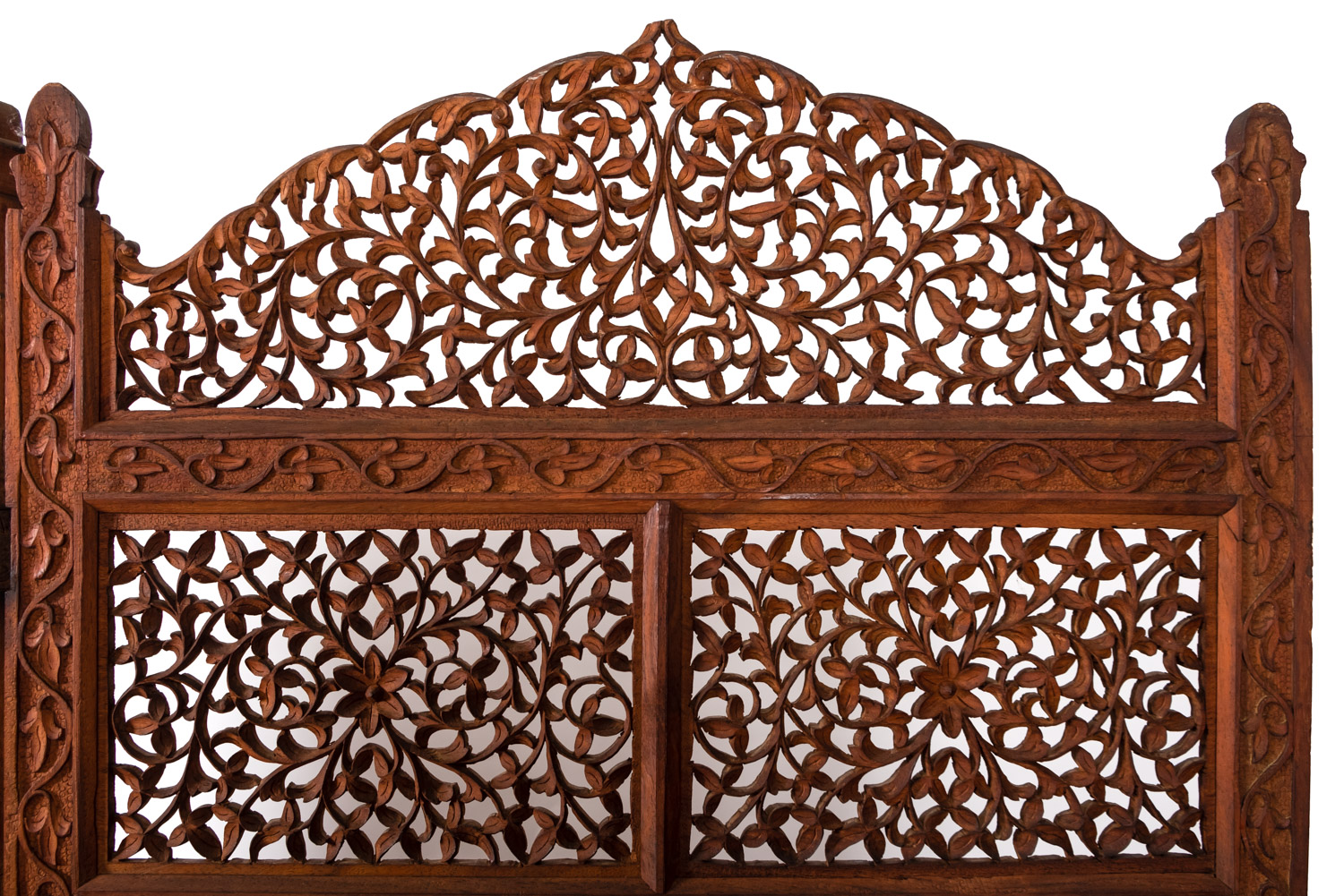 An Anglo Indian carved and stained hardwood three-fold room screen, early 20th Century, - Image 2 of 2