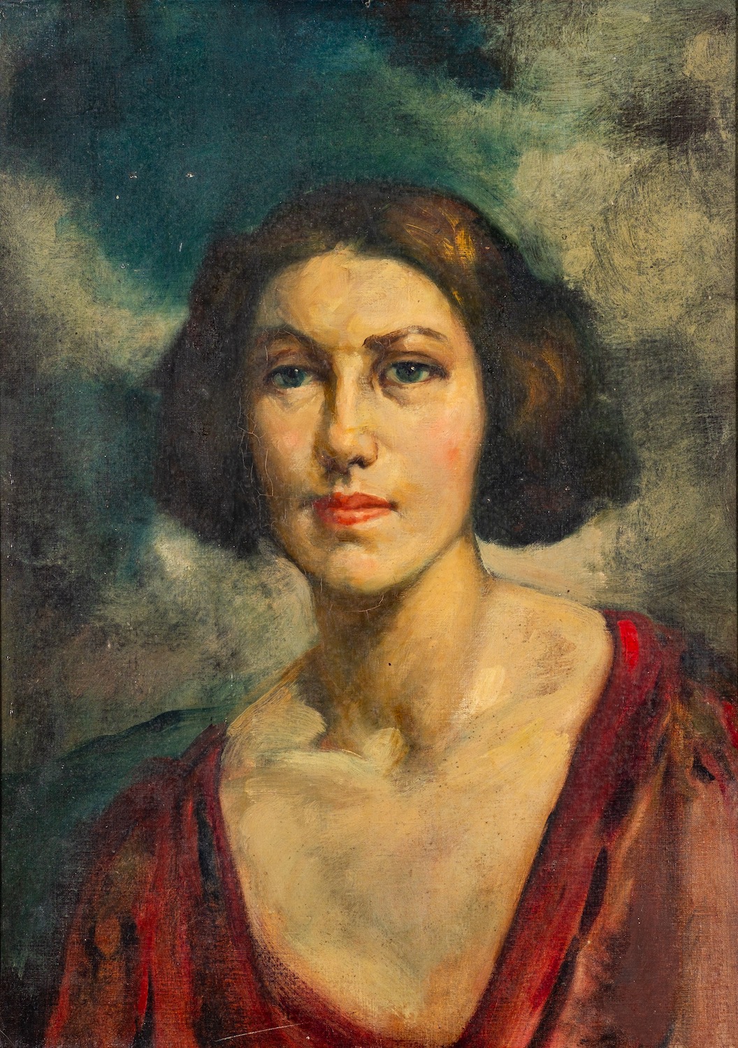 British School (20th Century) - Head and shoulder study of a young woman in a red dress - Oil on