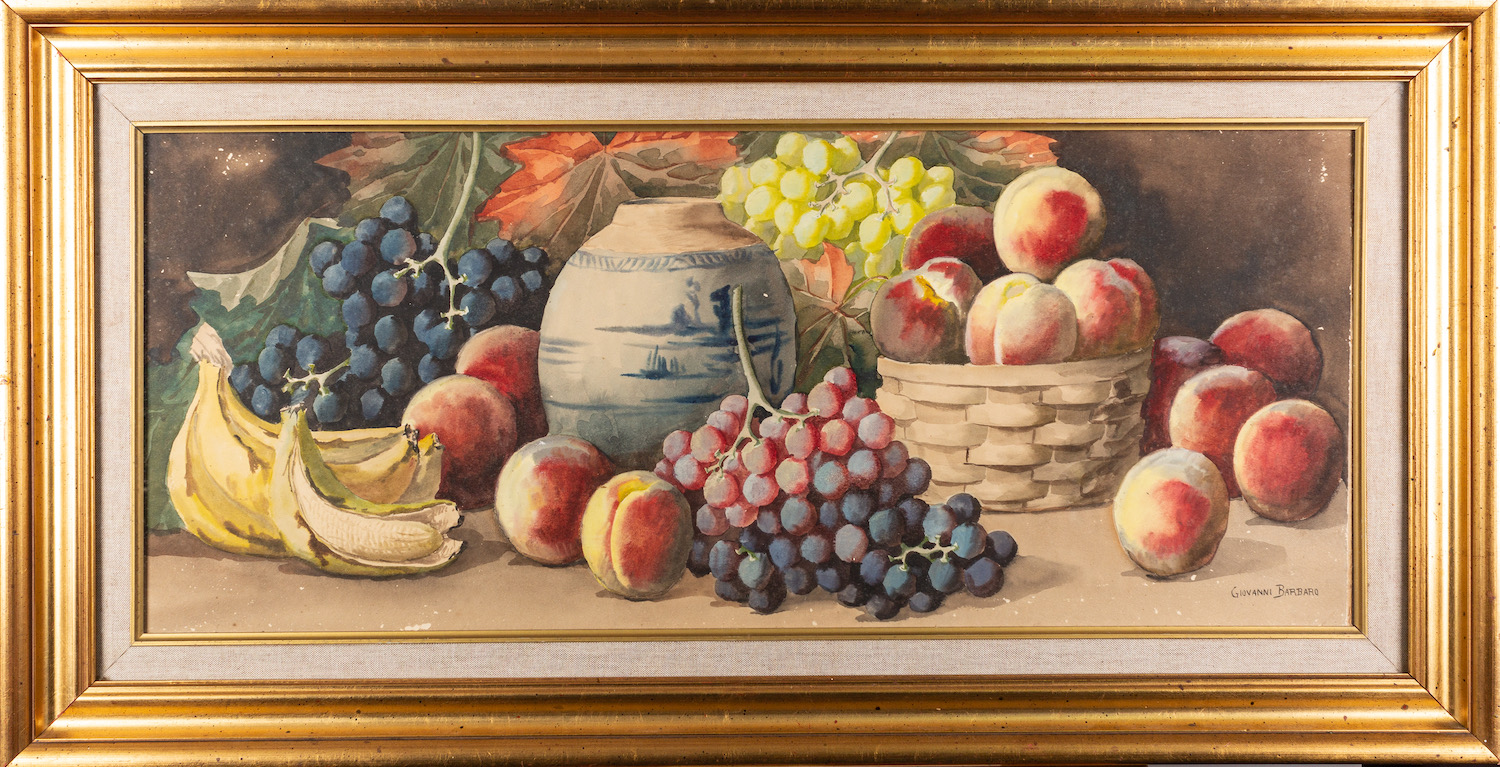 Giovanni Barbaro (Italian,1864-1915) - Still life of bananas, grapes and peaches,