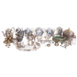 A collection of various plated wares, including: an EPBM three-piece tea service,