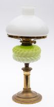 An Edwardian glass oil lamp with opaque glass shade,