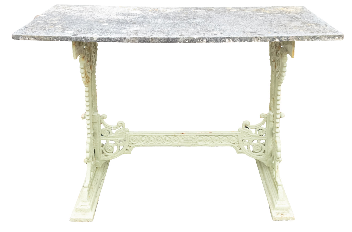 A Victorian cast iron and later painted conservatory table, with a rectangular stone slab top,