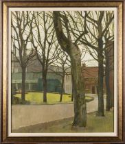 British School, 20th Century - a group of four pictures- A Town Garden Square - Oil on card - 64.