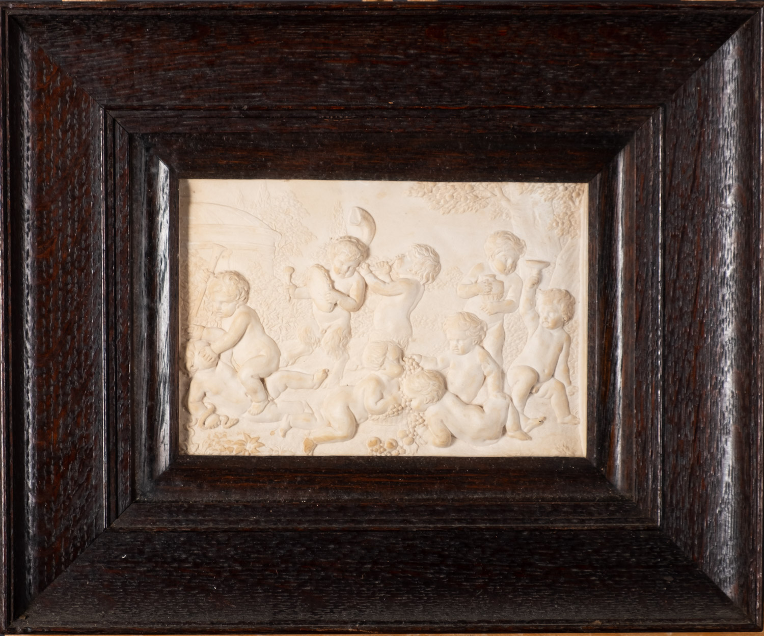 A set of five plaster reliefs of cavorting amorini, late 19th Century, framed and glazed. - Image 2 of 6