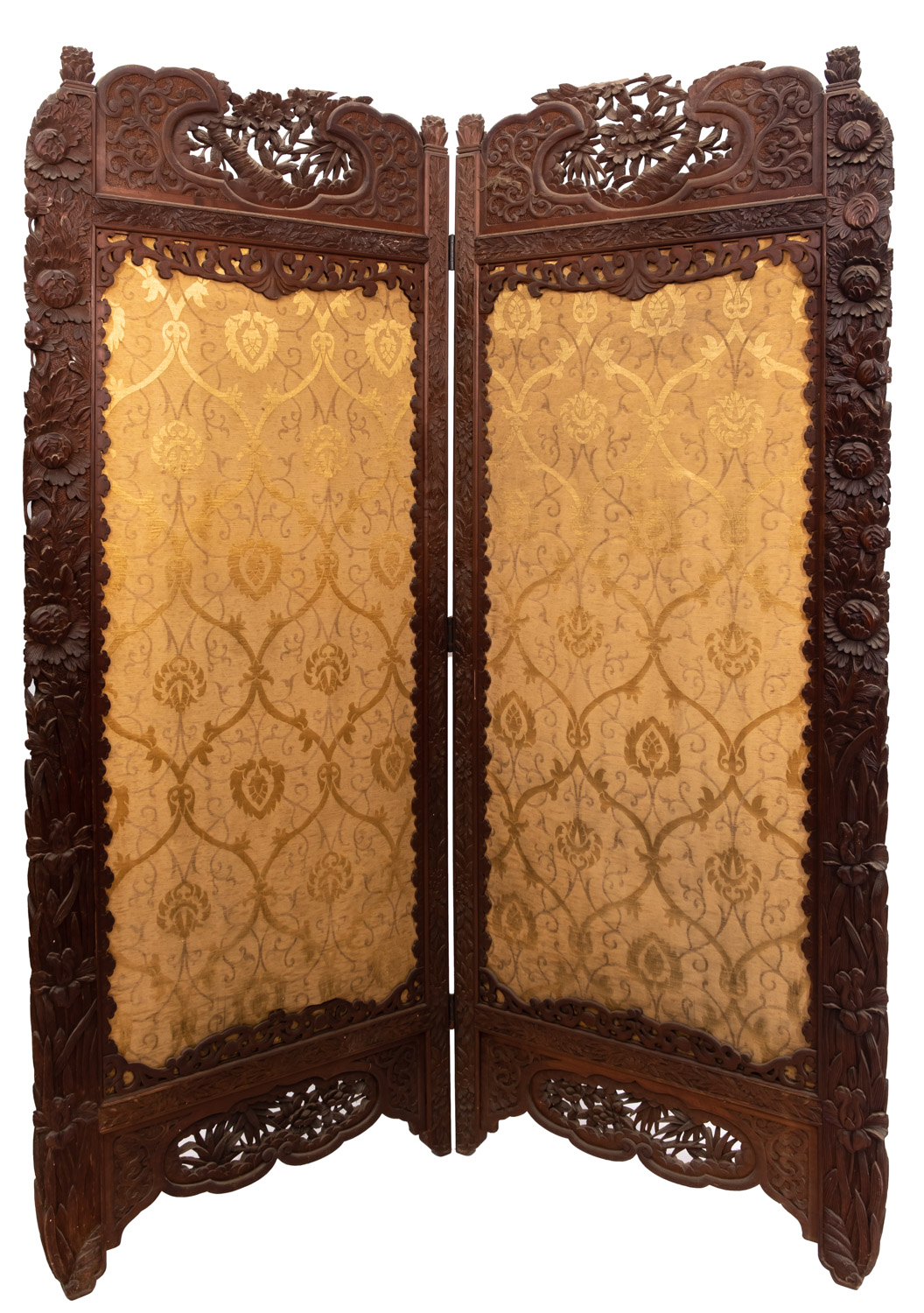 A Victorian Anglo Indian carved wood two-fold screen with beige fabric panels,