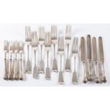 A set of five William IV silver fiddle pattern table forks, London 1834, two others, London 1819,