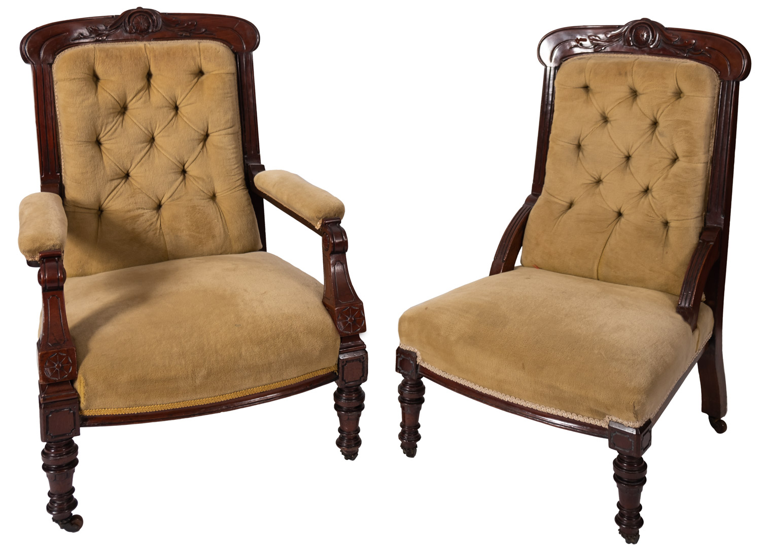 An gentleman's Edwardian walnut arm chair and matching lady's chair , circa 1900,