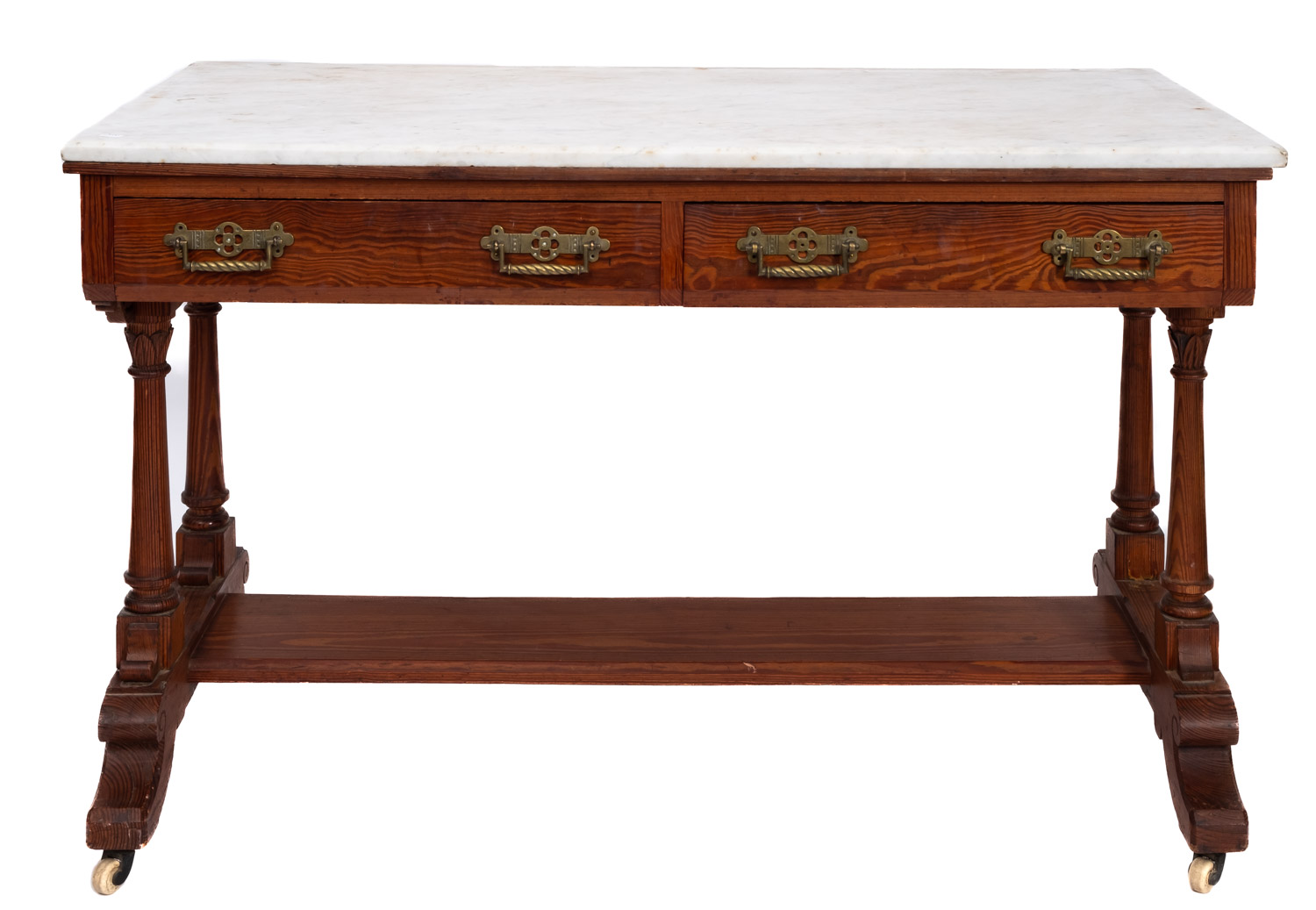 A Victorian pitch pine and marble topped wash stand, late 19th Century,