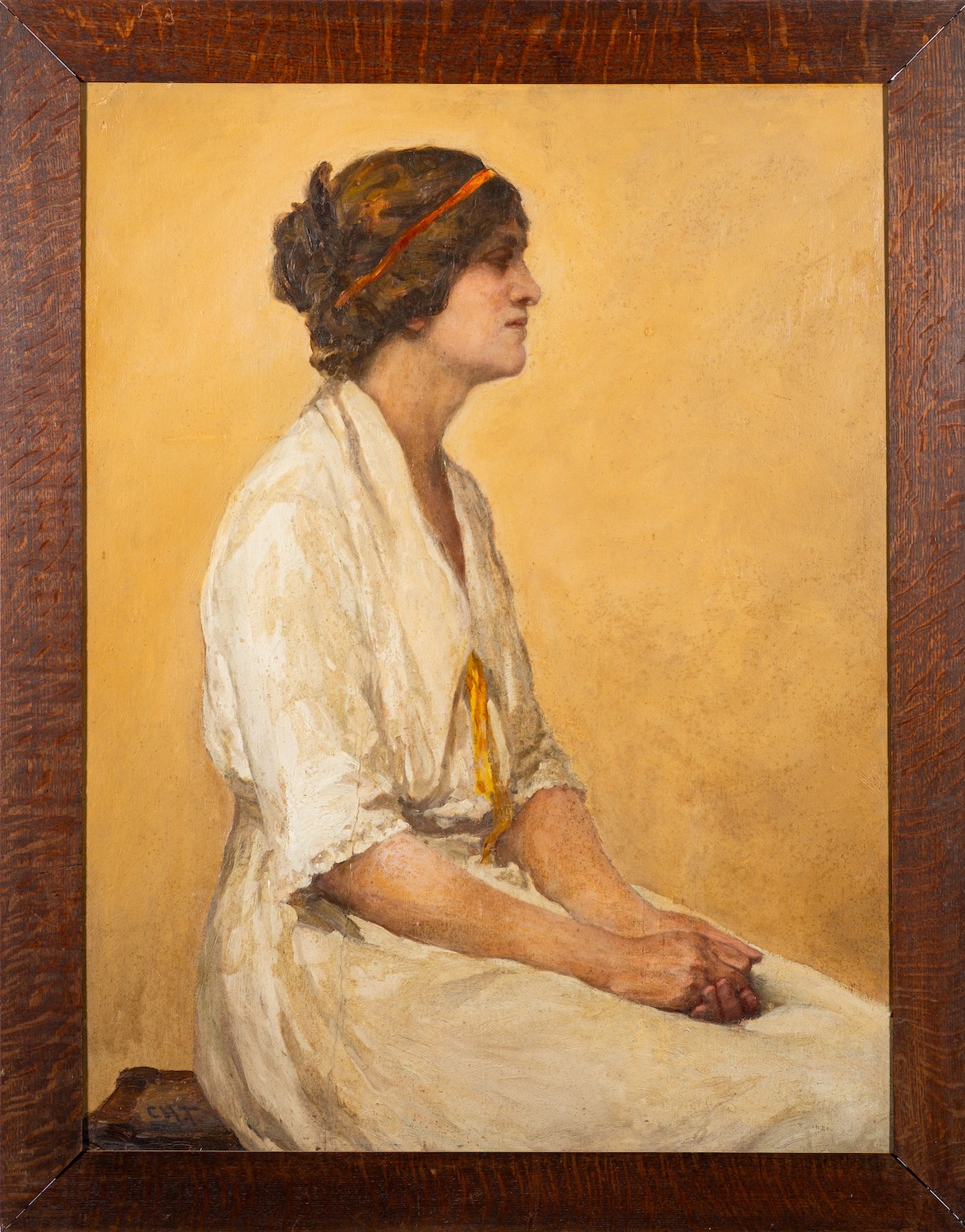 British School (20th Century) - Portrait of a lady in a white dress, seated - Oil on board - 90. - Image 2 of 3