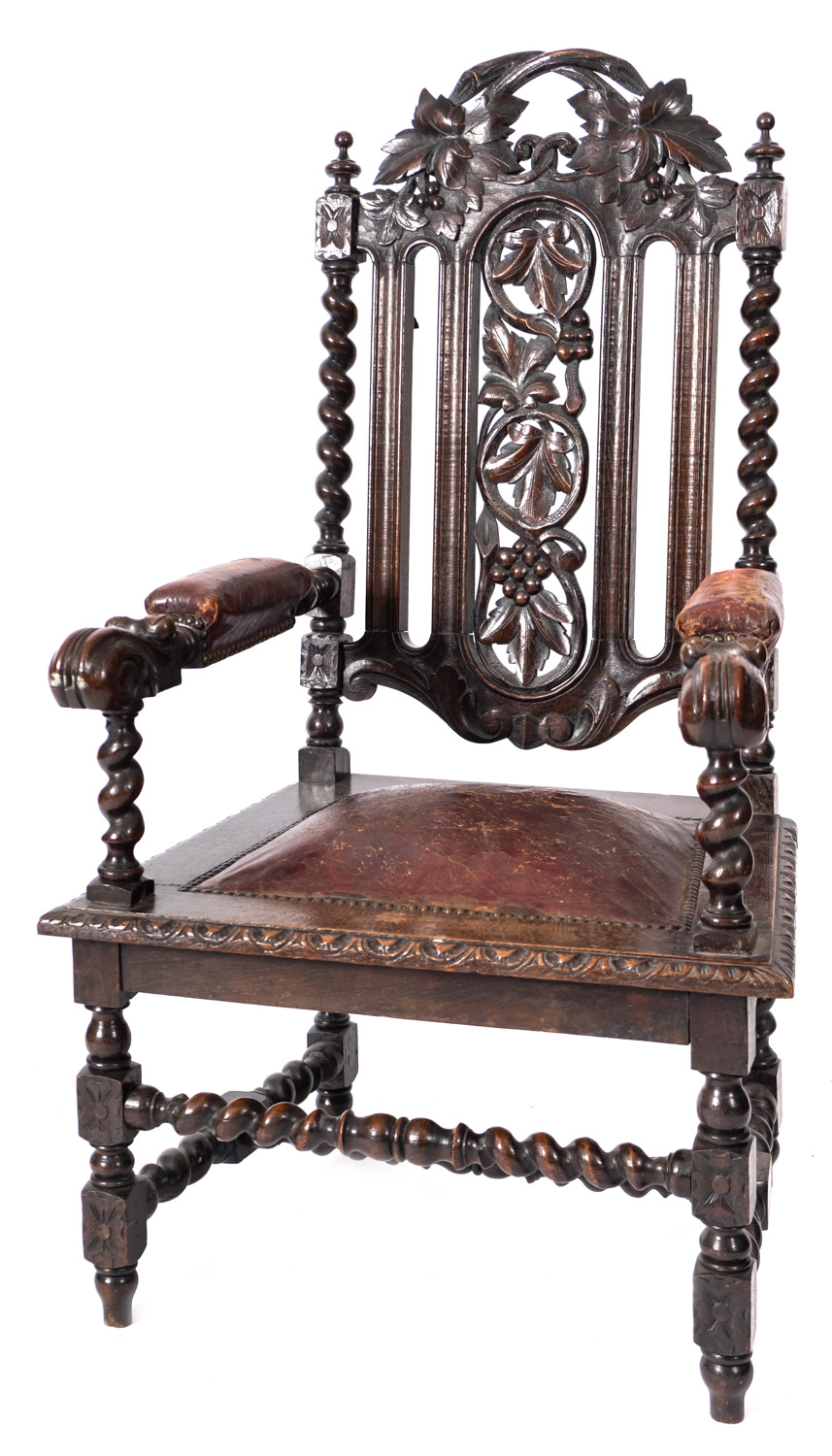 A match pair of Victorian carved oak elbow chairs in Charles II style, late 19th Century, - Image 2 of 2