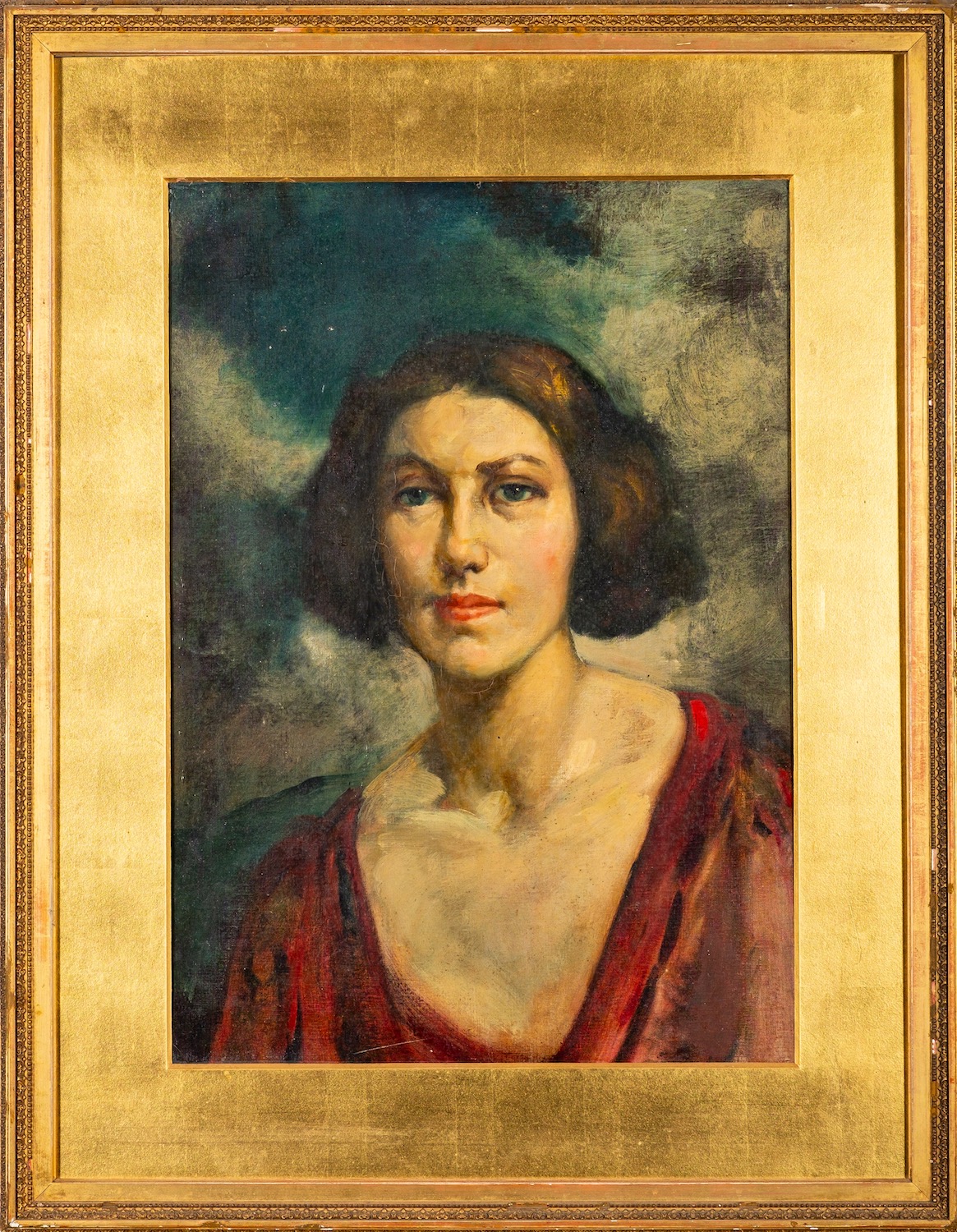 British School (20th Century) - Head and shoulder study of a young woman in a red dress - Oil on - Image 2 of 3