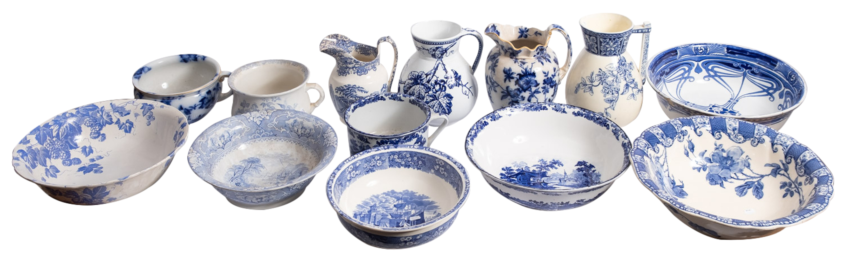 A collection of Staffordshire pottery, blue and white transfer decorated chamberwares,