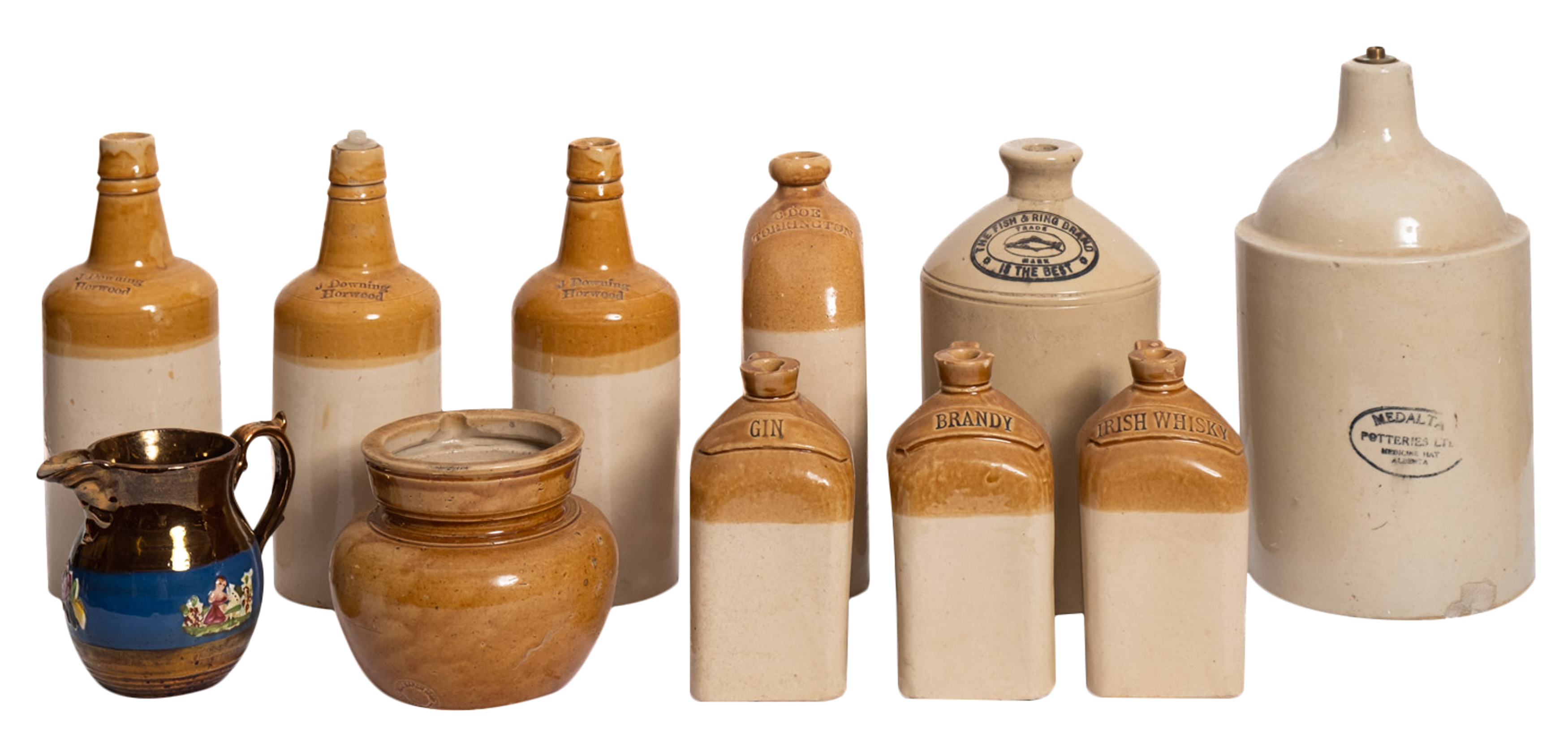 A collection of stoneware casks and flasks including a set of three Bailey Fulham brandy,