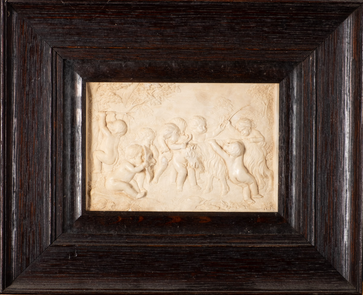 A set of five plaster reliefs of cavorting amorini, late 19th Century, framed and glazed. - Image 3 of 6