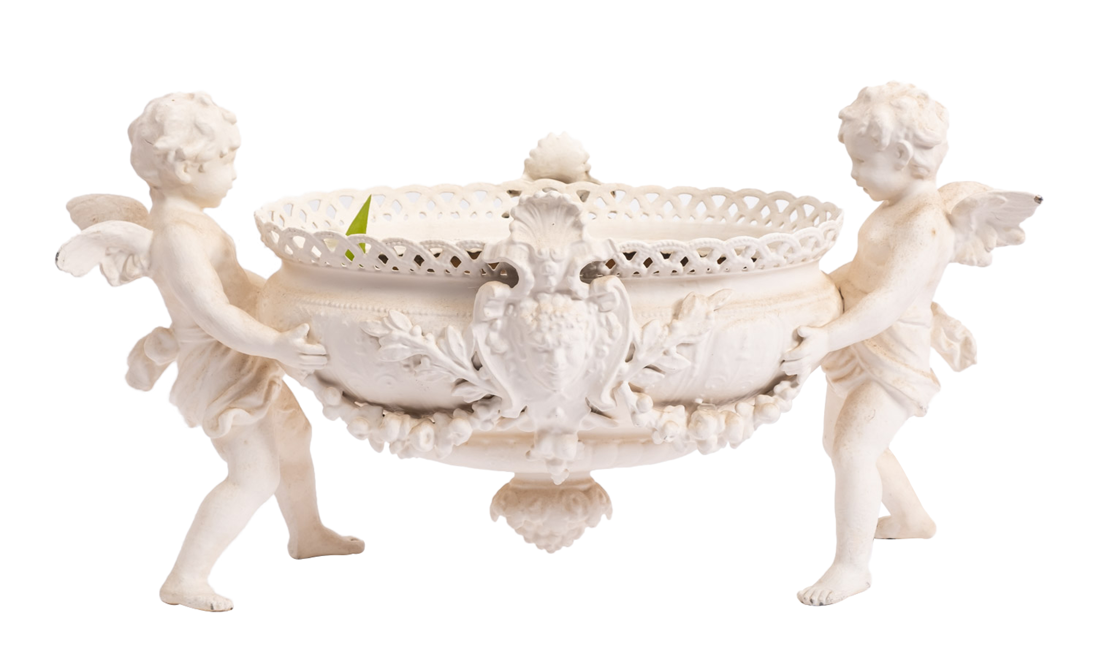 A painted metal table jardinière in Parian style modelled as two amorini holding an oval basket - Image 2 of 2