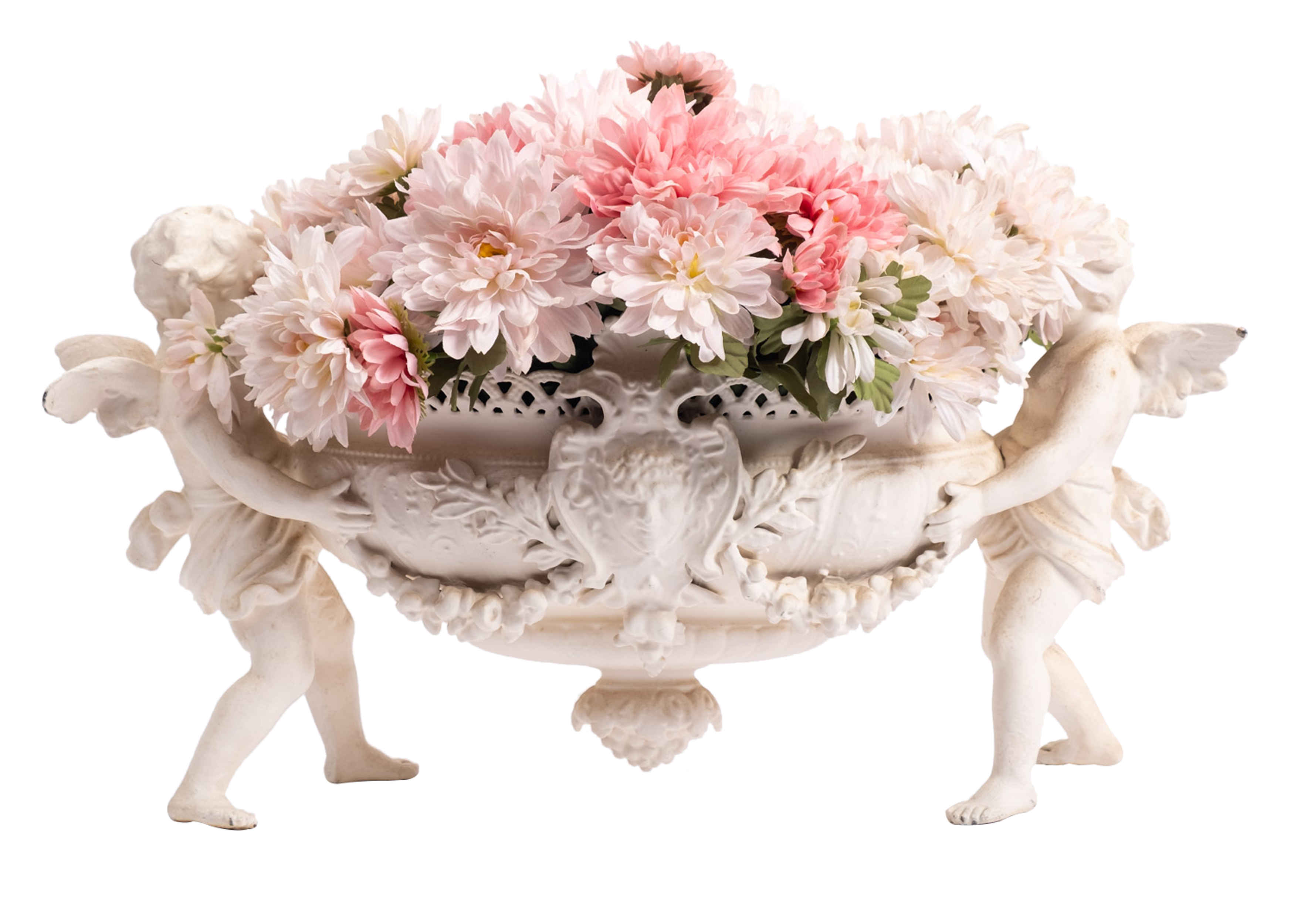 A painted metal table jardinière in Parian style modelled as two amorini holding an oval basket