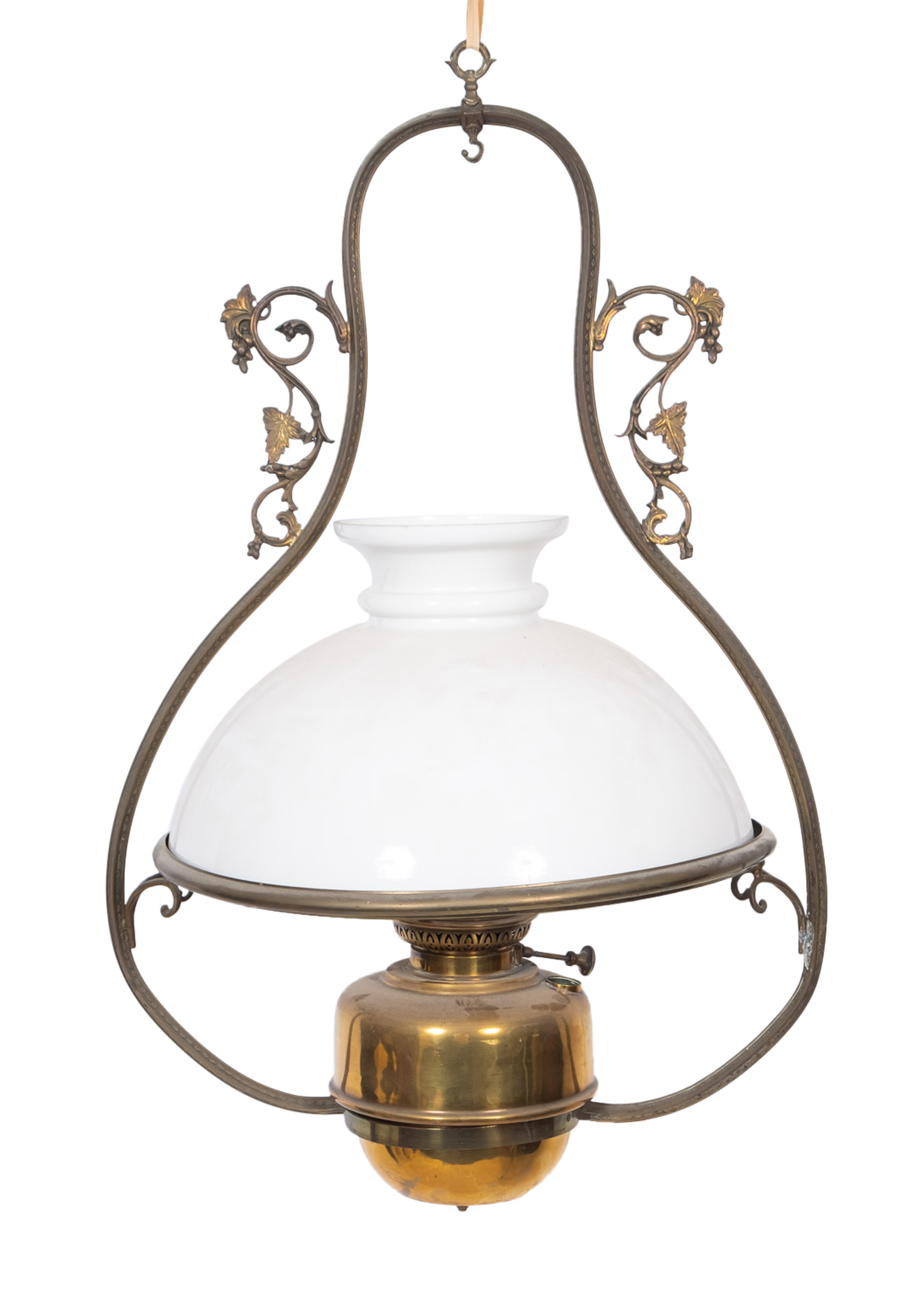 Three late Victorian/ Edwardian brass circular hanging oil lamps, with white opaque glass shades, - Image 3 of 3