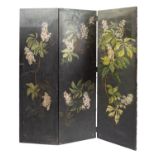 A Victorian painted canvas three-fold room screen, late 19th Century, decorated with flowers,