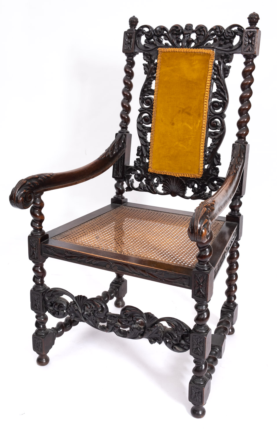 A carved beechwood open armchair in the Charles II manner, late 19th Century,
