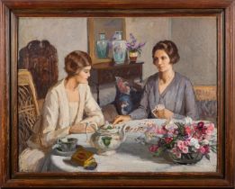 British School (circa 1920s/ 1930s) - Afternoon tea and cards - Oil on canvas - 70 x 91cm - Signed