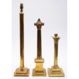 A brass Corinthian column table lamp on square section base, 54cm high,