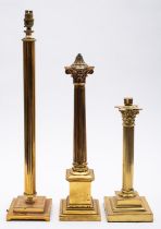 A brass Corinthian column table lamp on square section base, 54cm high,