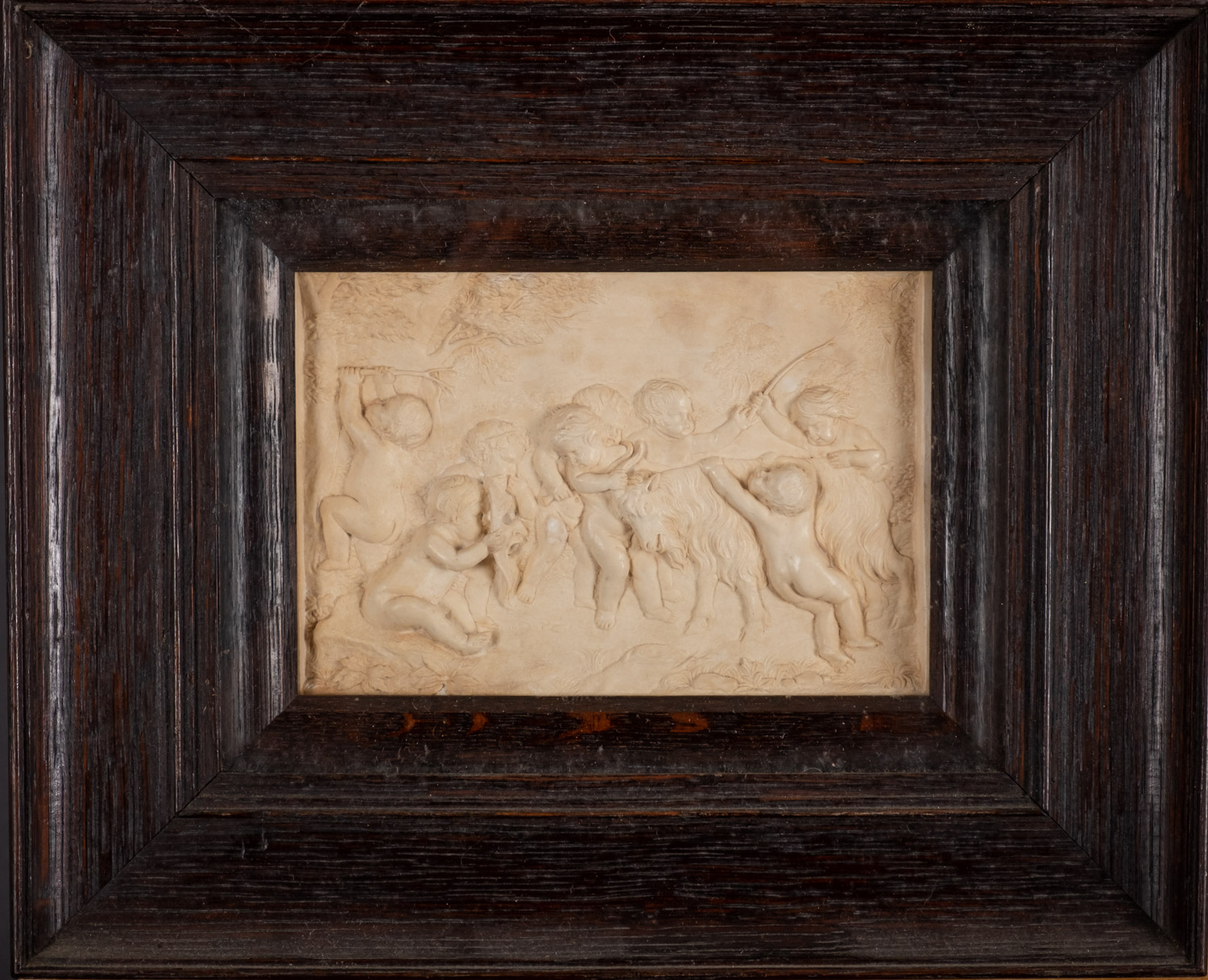 A set of five plaster reliefs of cavorting amorini, late 19th Century, framed and glazed. - Image 4 of 6