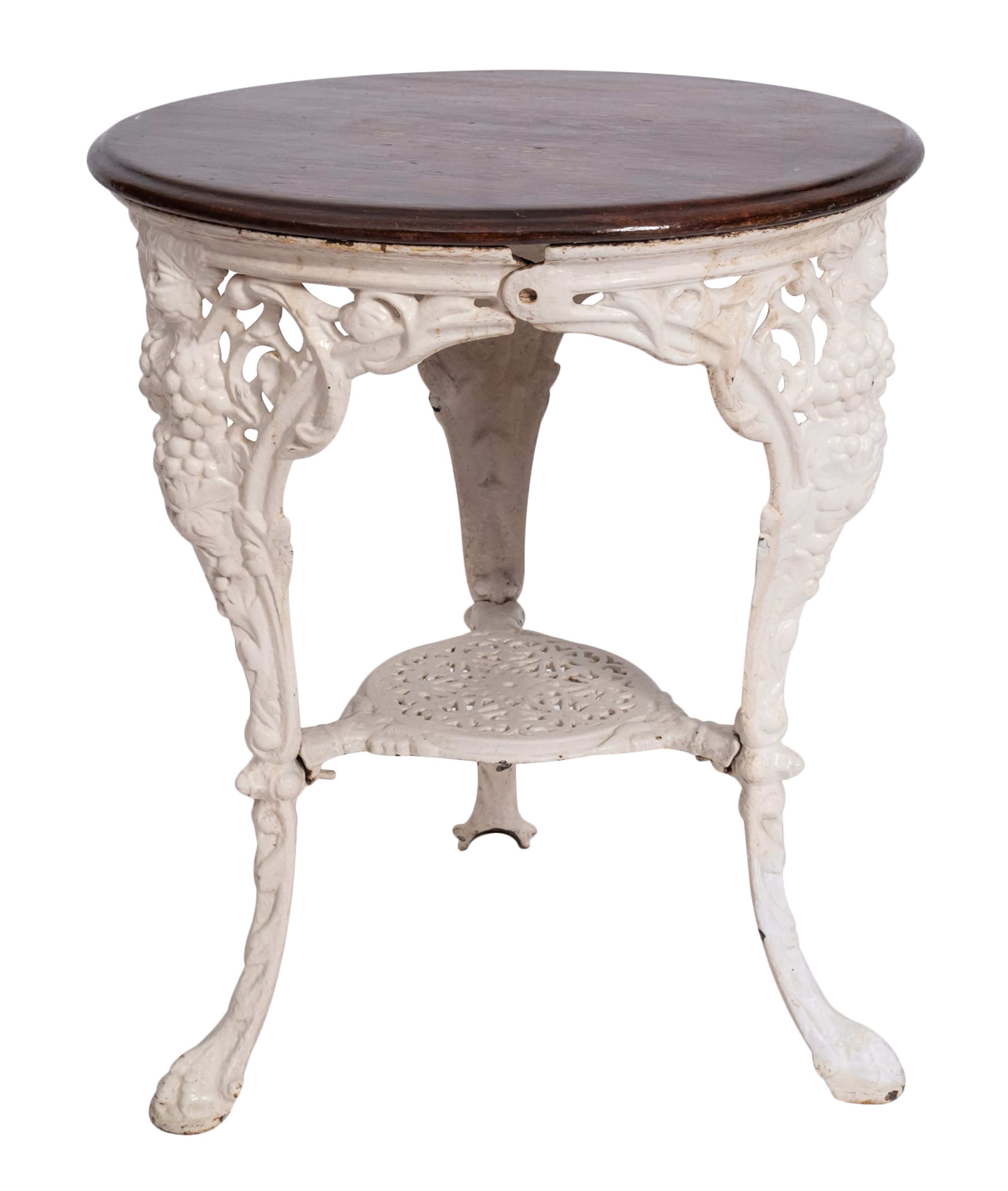 A Victorian painted cast iron circular conservatory table with a later stained wood moulded top,