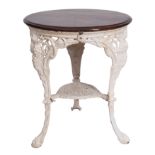 A Victorian painted cast iron circular conservatory table with a later stained wood moulded top,