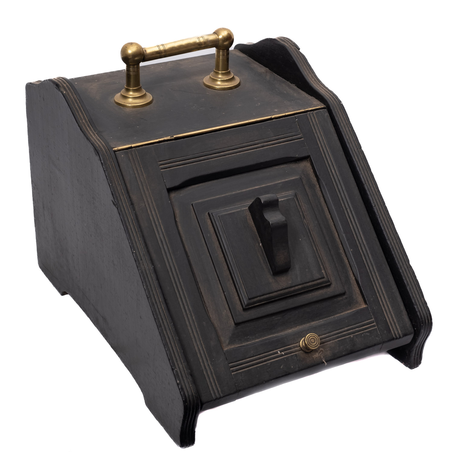 An Edwardian ebonised and brass mounted coal box with sloping hinged fall, 35cm wide, - Image 2 of 2