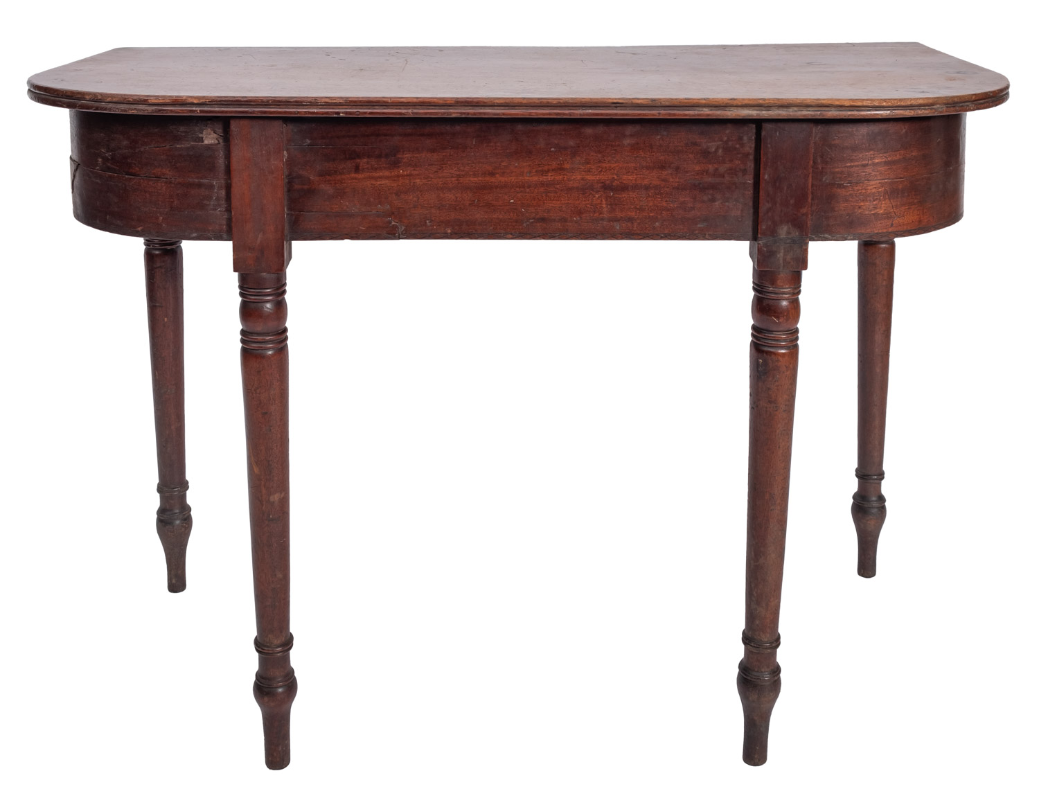 The D-end section of a George IV mahogany dining table with a reeded edge on ring turned tapered