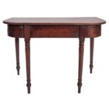 The D-end section of a George IV mahogany dining table with a reeded edge on ring turned tapered