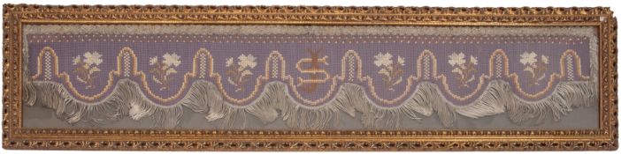 A Victorian embroidered pelmet with silver swag cord and border, and initialled 'JS',