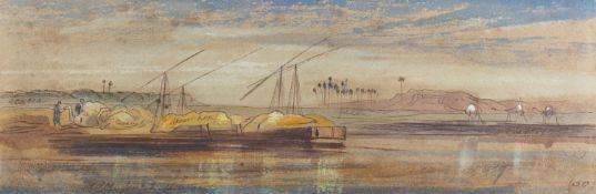 Edward Lear (British, 1812 -1888) - Laden barges on the Nile - Watercolour - 8.5 x 24.