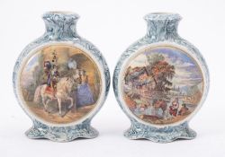 A pair of F & R Pratt pottery moon flasks transfer decorated front and verso and reserved on a