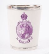 A Royal Doulton Edward VII Coronation Dinner beaker printed in puce with the royal profiles and